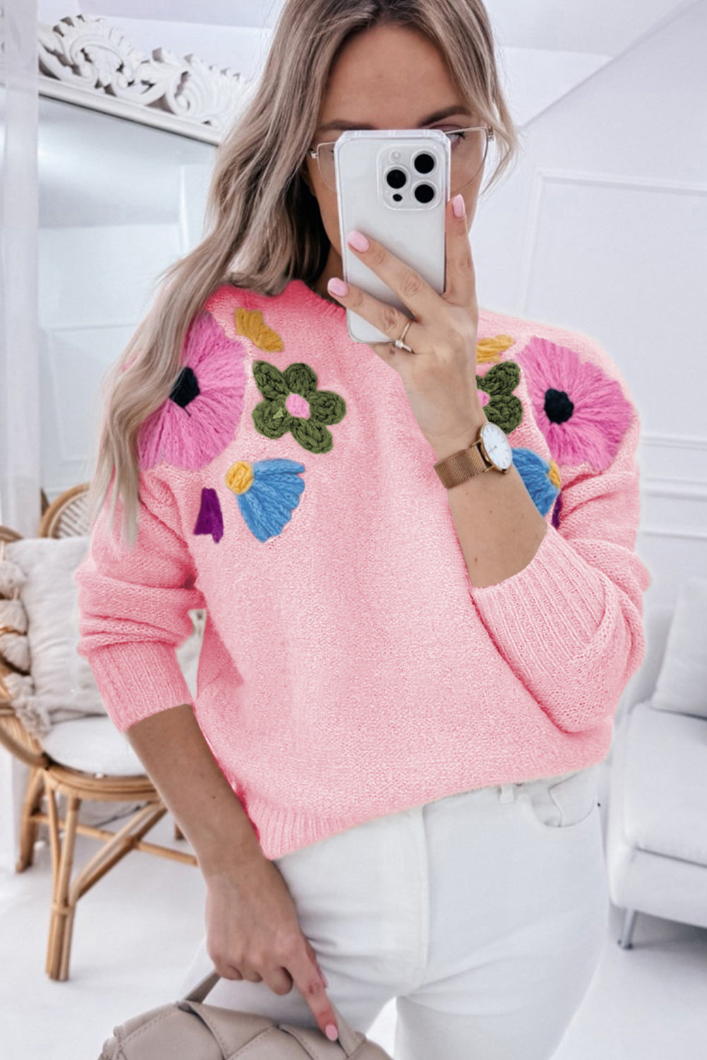 Knitted Flower Pattern Ribbed Edge Sweater | Pink