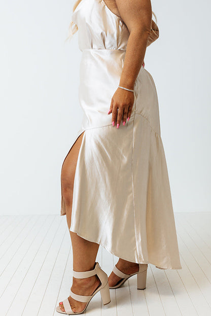 Satin Split Ruffled High Waist Plus Size Skirt | Beige