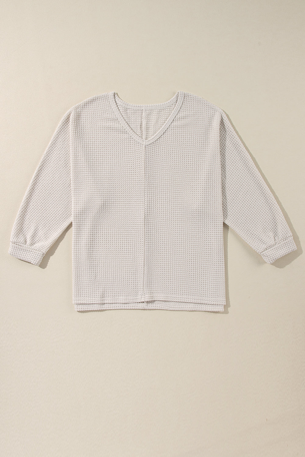 Waffle Knit Side Slits Loose Fit V Neck Top | White