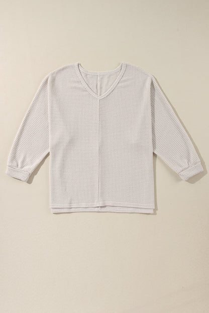 Waffle Knit Side Slits Loose Fit V Neck Top | White