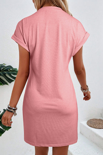 Center Seam Rolled Cuffs T-Shirt Dress | Rose Pink