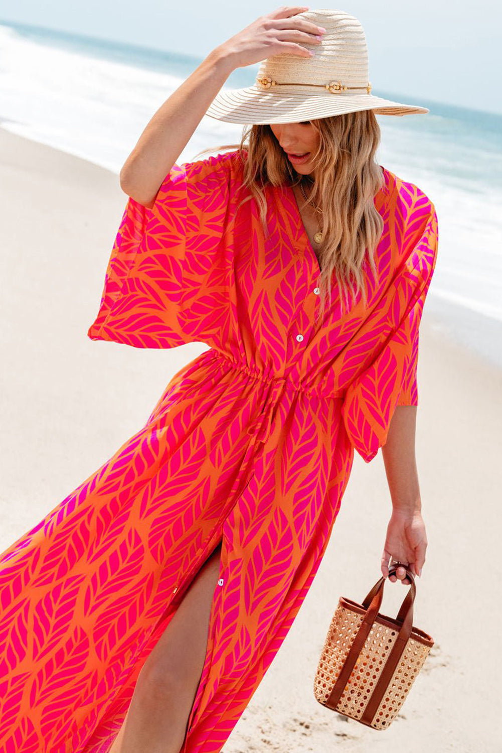 Leafy Print 3/4 Sleeve V Neck Buttoned Split Maxi Dress | Orange