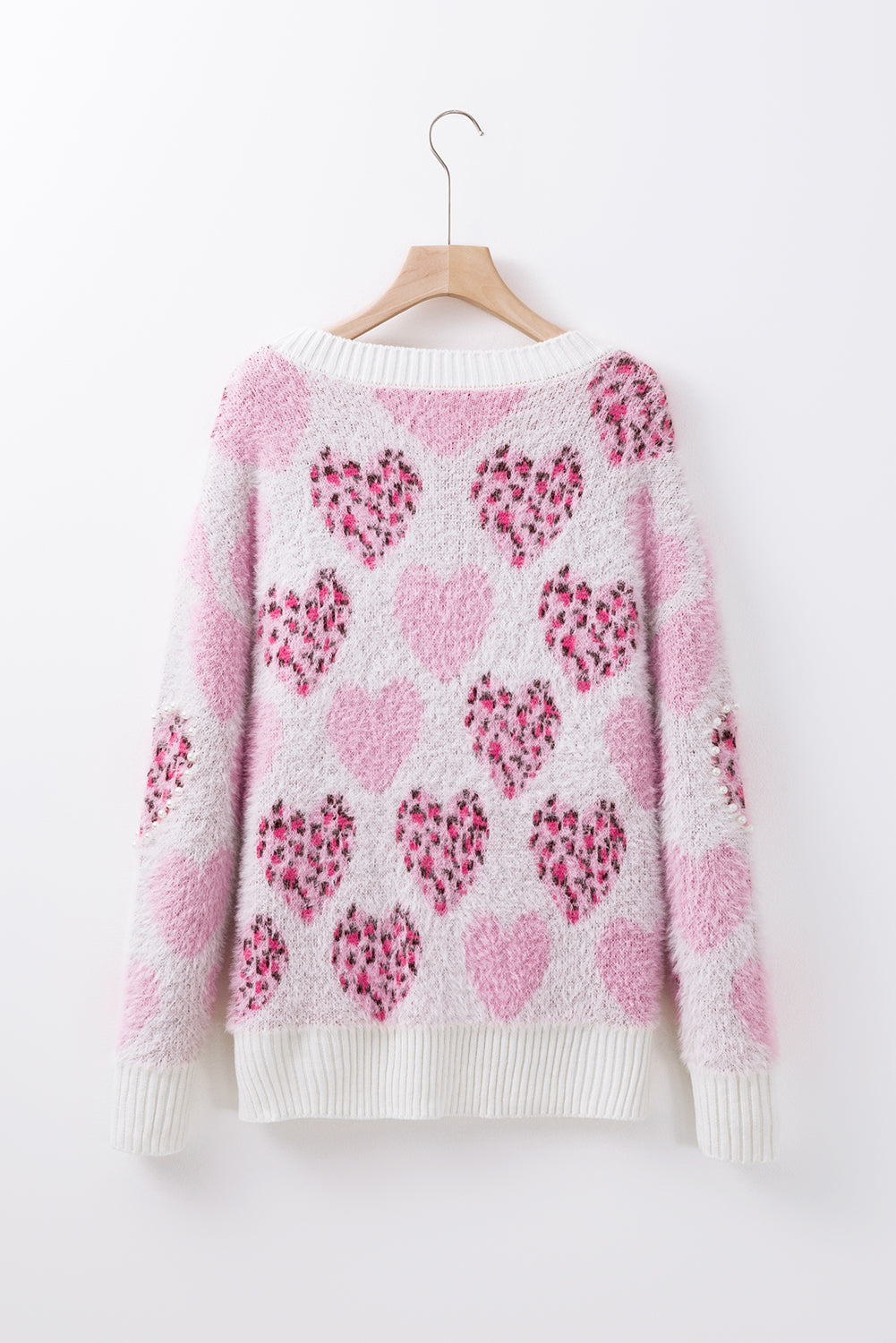 Heart Leopard Print Pearled Ribbed Trim Fuzzy Sweater | Pink