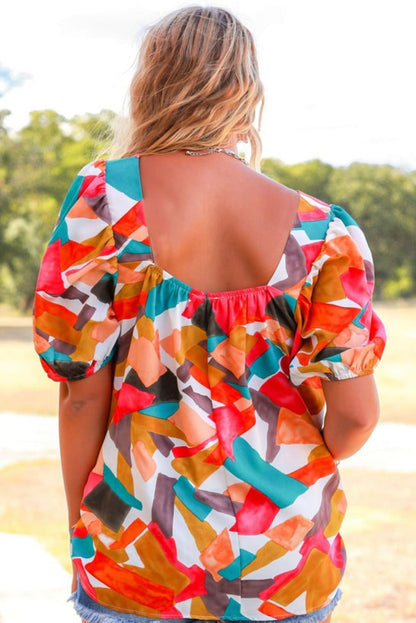 Square Neck Abstract Print Short Sleeve Blouse | Multicolour