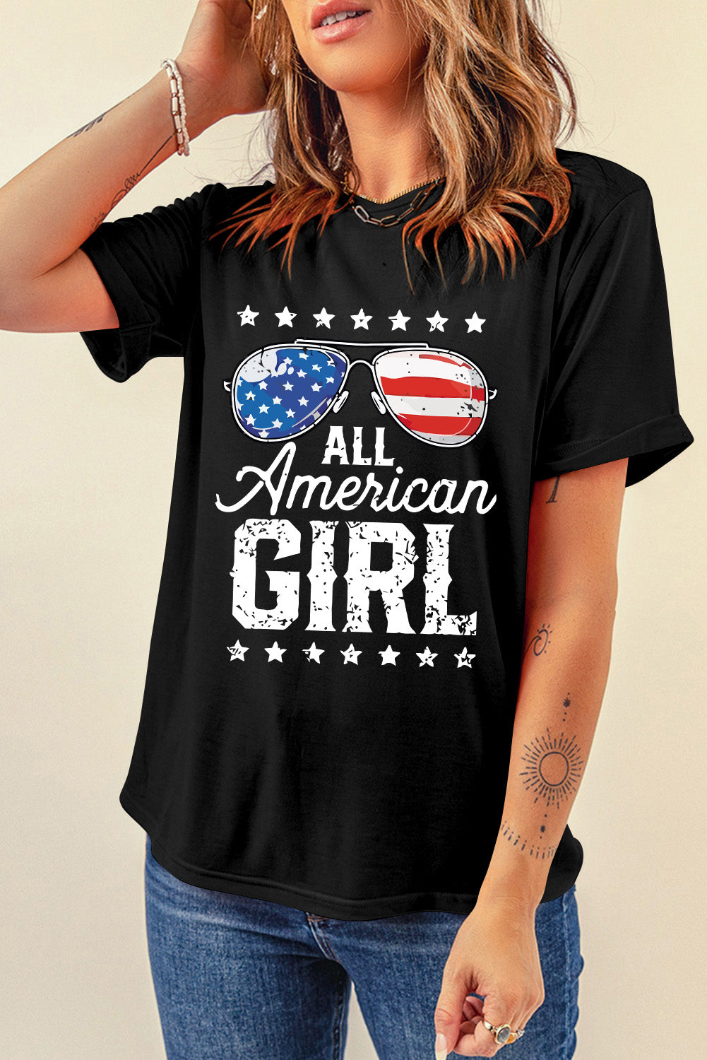 Stars And Stripes Glasses Slogan Graphic T Shirt | Black