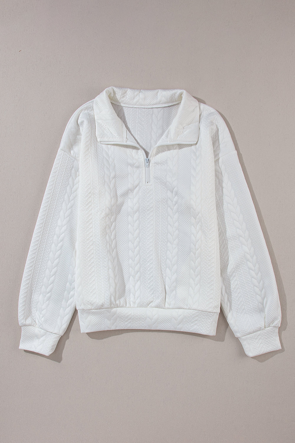 Zip Up Cable Textured Sweatshirt | White