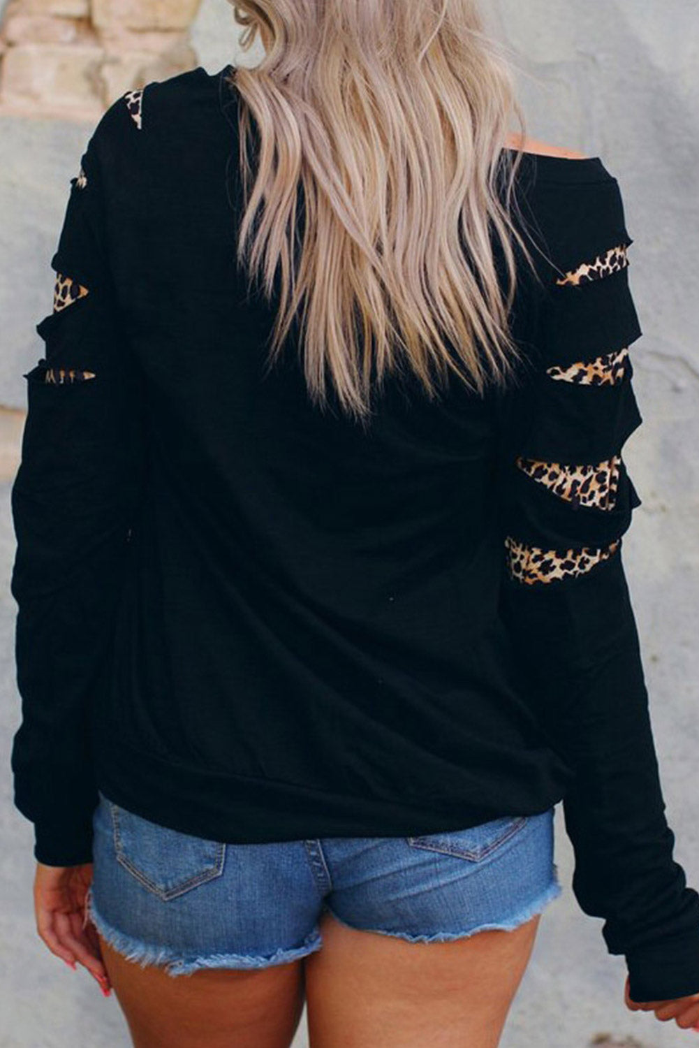 Leopard Rhinestone Heart Graphic Slash Sleeve Sweatshirt | Black