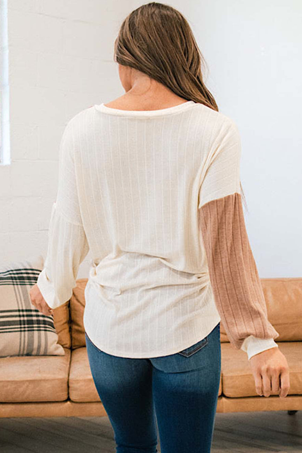 Colour Block Wide Ribbed V Neck Top | Apricot