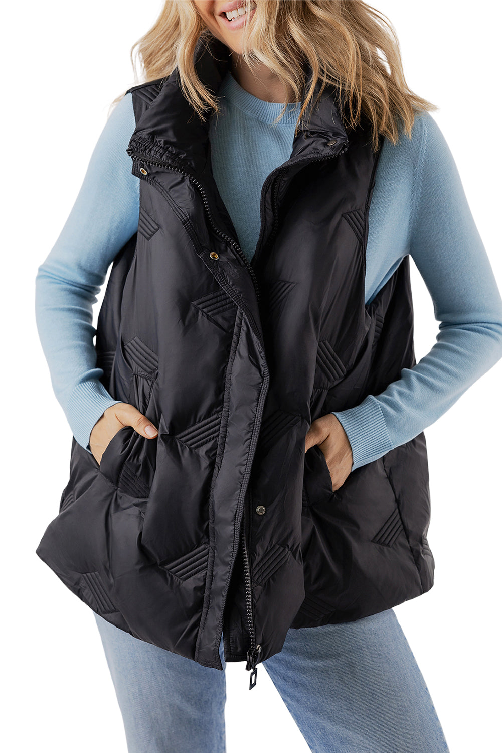 Quilted High Neck Zip Up Jacket Vest | Black