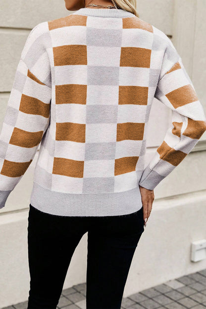 Checkered Ribbed Edge O Neck Drop Shoulder Sweater | Khaki