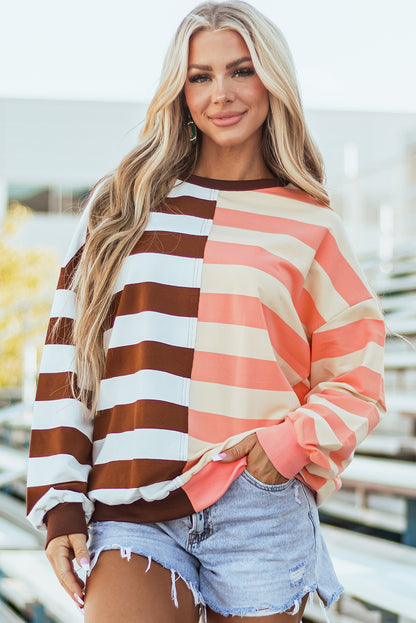 Colour Block Drop Shoulder Pullover Sweatshirt | Brown Stripe