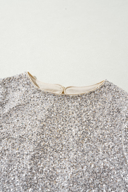 Sequin Puff Sleeve Cutout Back Blouse | Silvery