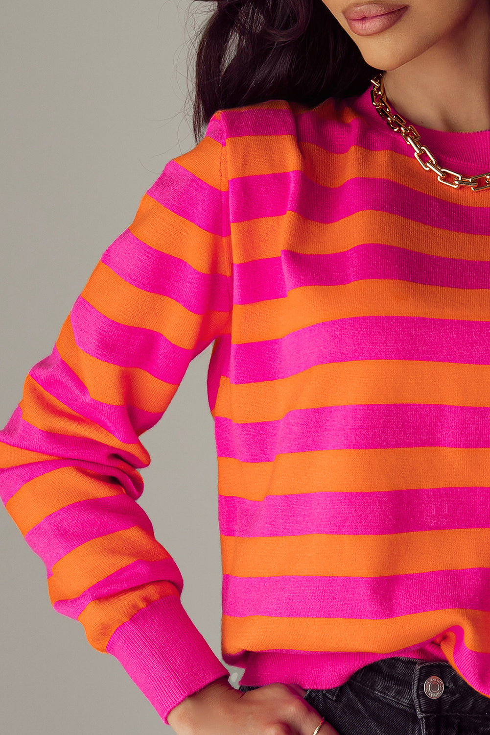 Shoulder Pad Round Neck Sweater | Rose Stripe