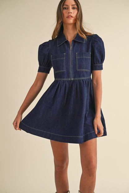 Dirty Blue Zipped Up Bodice Collared Short Puff Sleeve Denim Dress | Dirty blue