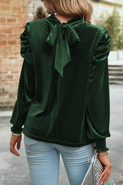 Mock Neck Puff Sleeve Velvet Blouse | Blackish Green