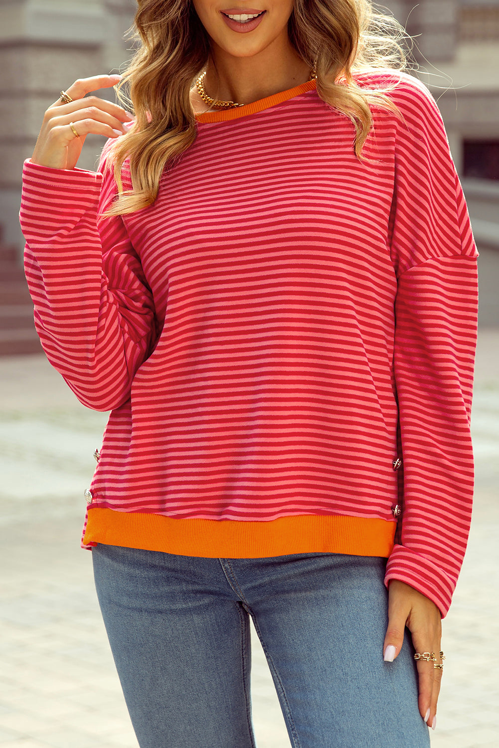 Two Tone Striped Side Buttons Drop Shoulder Top | Tomato Red