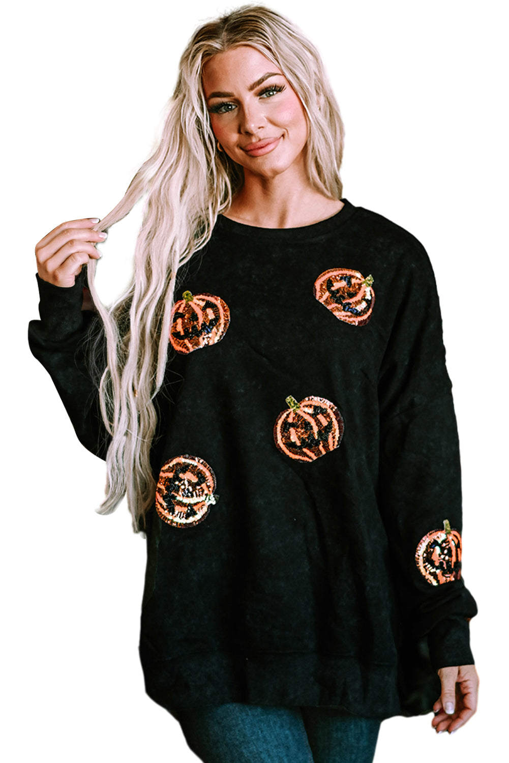 Sequined Jack O Lantern Split Hem Baggy Sweatshirt | Black