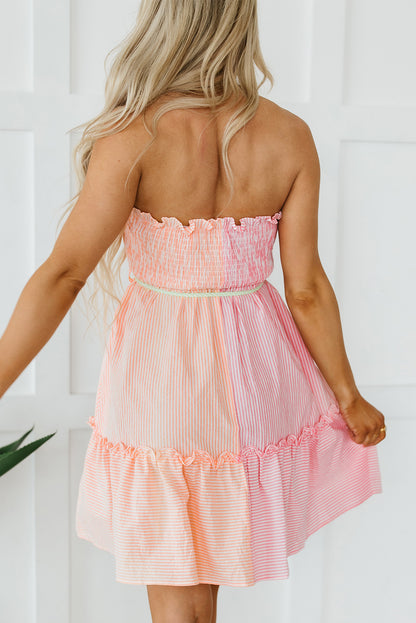 Colour Block Smocked Button Front Frilled Strapless Mini Dress | Pink Stripe