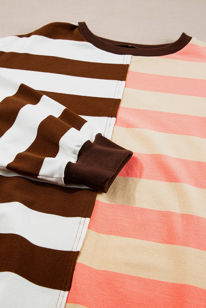 Colour Block Drop Shoulder Pullover Sweatshirt | Brown Stripe