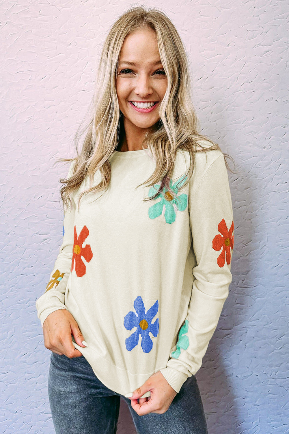 Sweet Floral Pullover Sweater | White