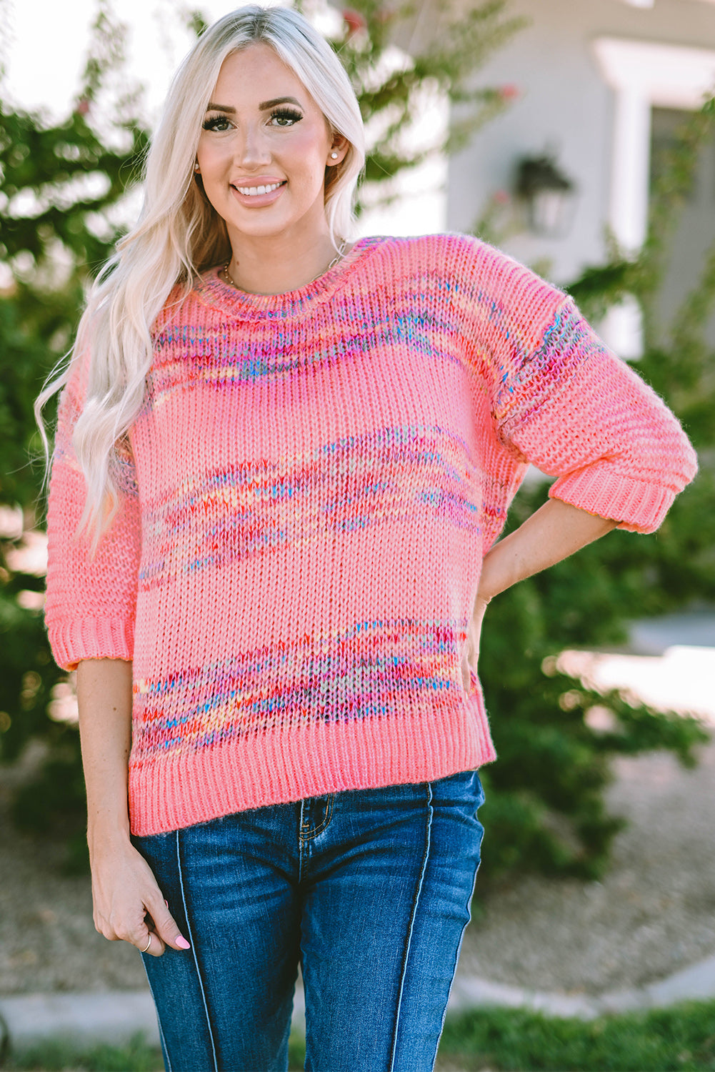 Colourful Stripes 3/4 Sleeve Loose Sweater | Rose