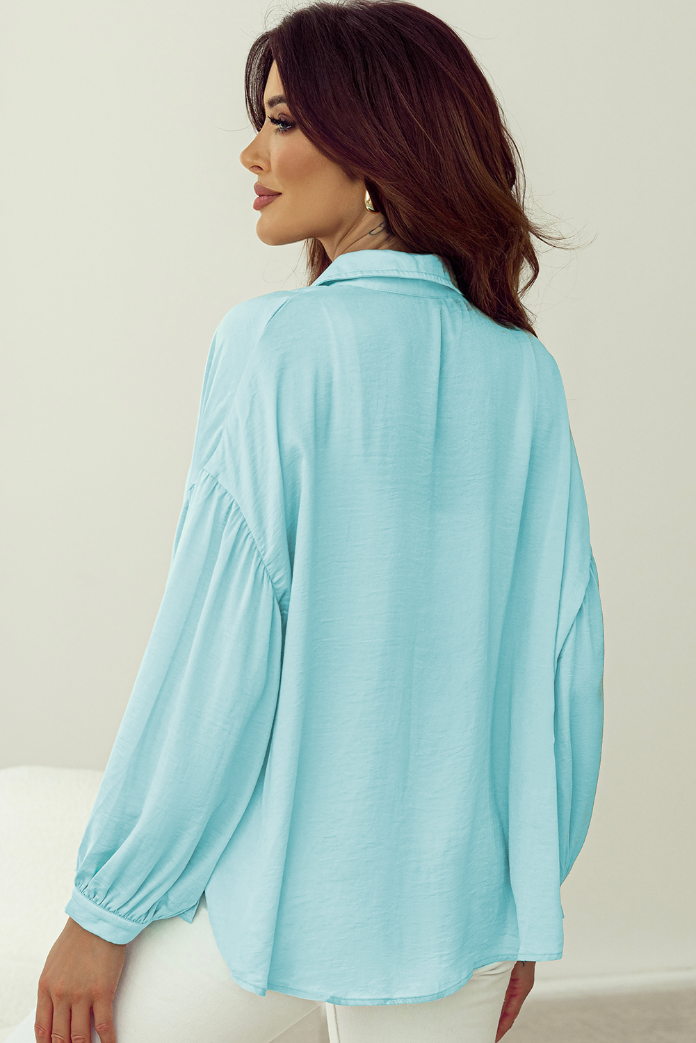 Solid Puff Sleeve Loose Fit Buttoned Shirt | Iceland Blue