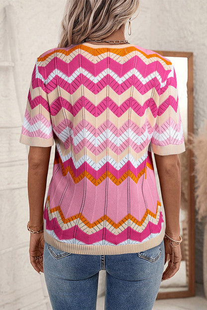 Chevron Pointelle Knit V Neck Short Sleeve Sweater | Pink Stripe