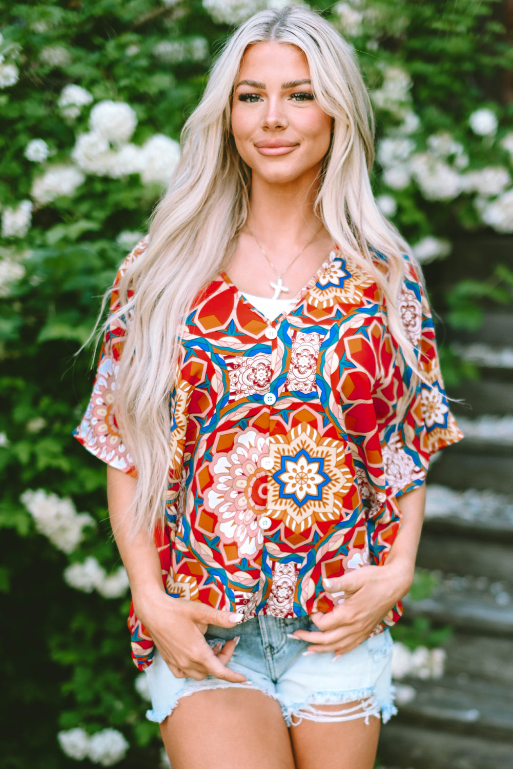 Floral Print Batwing Sleeve V Neck Blouse | Red