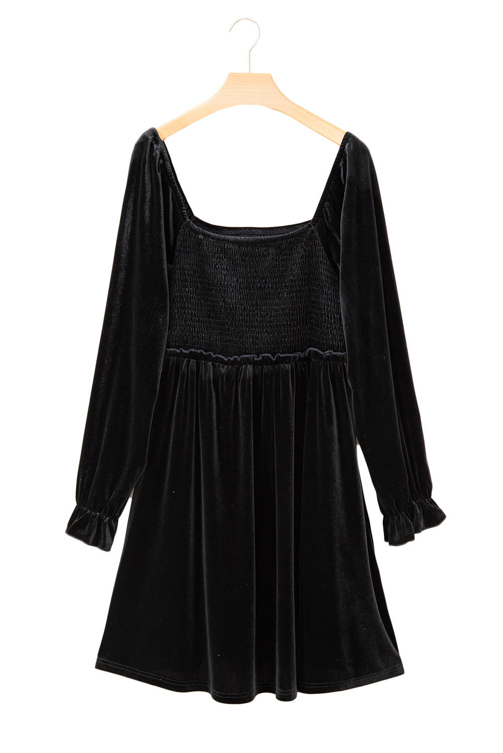 Velvet Flounce Sleeve Shirred Bodice Plus Babydoll Dress | Black