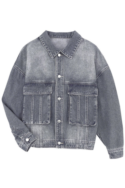 Chest Pockets Drop Shoulder Loose Denim Jacket | Gray