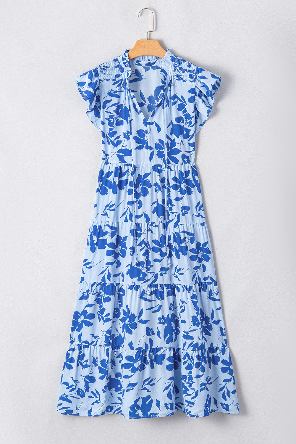 Floral Print Tiered Frilled Trim Flutter Sleeve Maxi Dress | Sky Blue