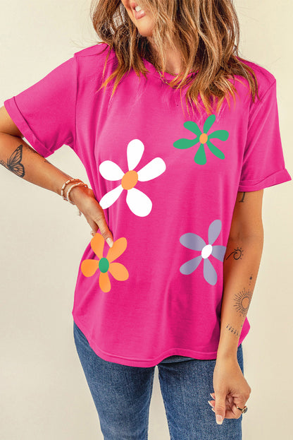 Summer Flower Print Fashion Cotton Tee | Rose Red