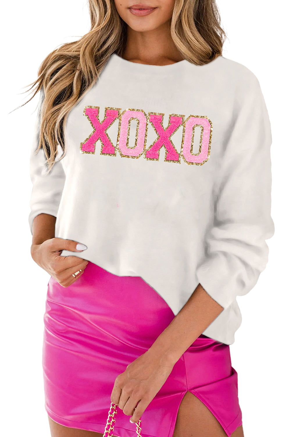 Xoxo Glitter Print Round Neck Casual Sweater | White