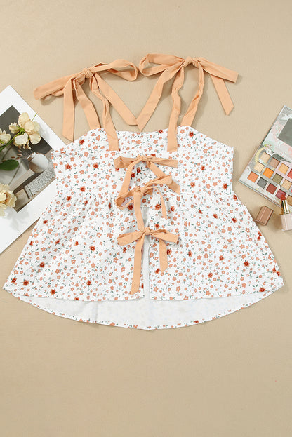 Tied Shoulder Floral Print Babydoll Tank | White