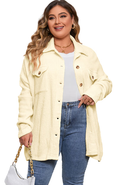 Plus Size Ribbed Flap Pocket Collared Knit Jacket | Beige