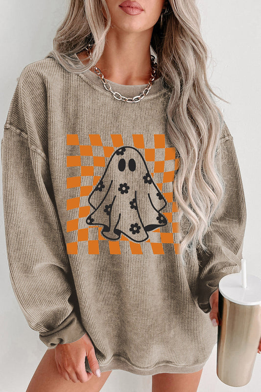 Khaki Checkerboard Floral Ghost Graphic Corded Halloween Sweatshirt