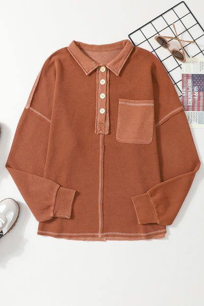 Waffle Exposed Seam Pocket Henley Sweatshirt | Chestnut