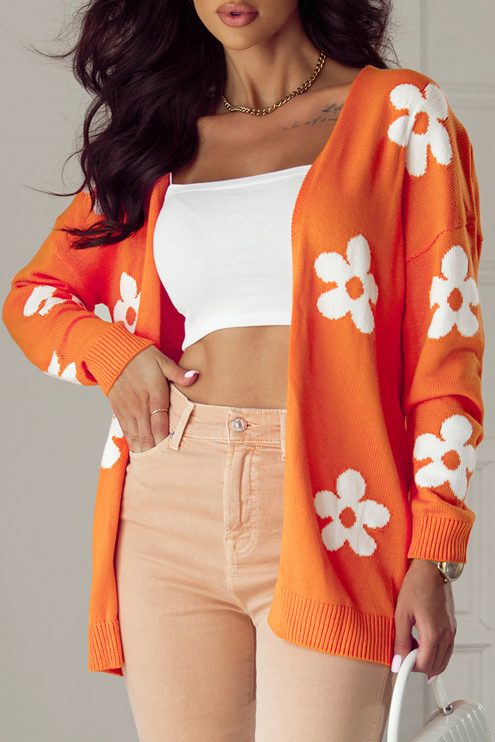 Floral Print Knitted Open Front Loose Cardigan | Orange