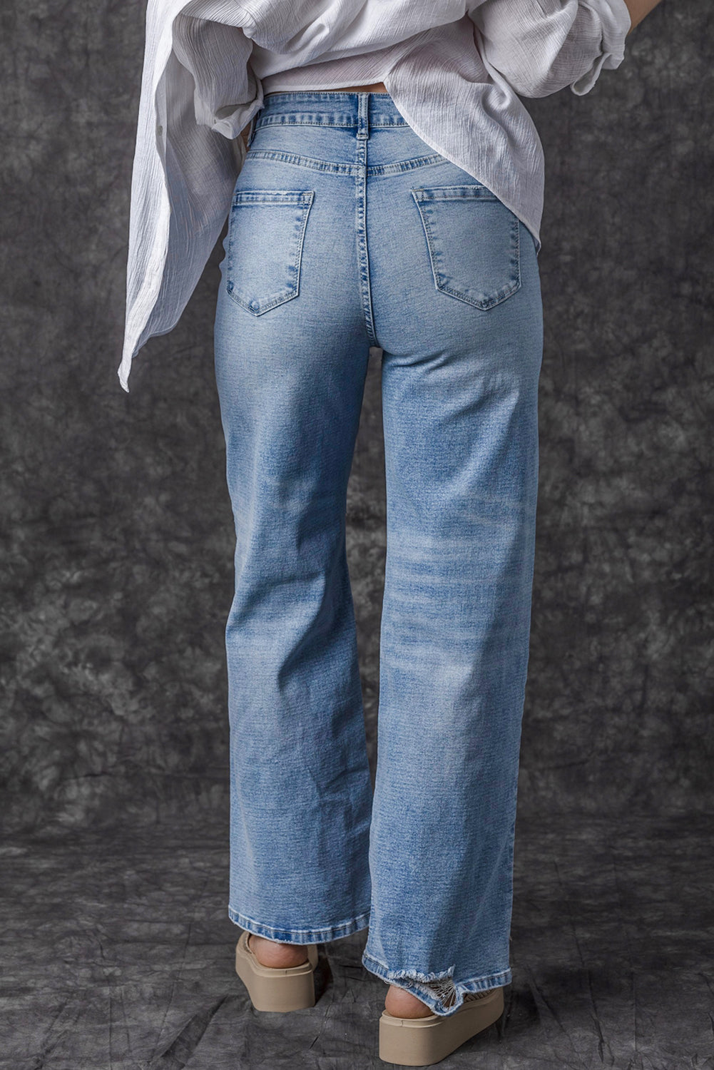 High Rise Distressed Straight Leg Jeans | Light Blue