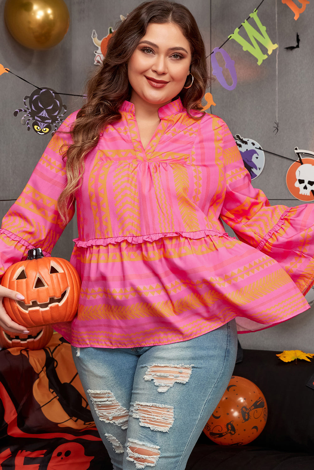 Plus Size Geometric Printed Bell Sleeve Babydoll Blouse | Vitality Orange