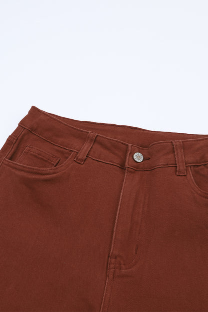 High Waist Raw Hem Flare Jeans | Red