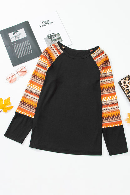 Geo Print Raglan Patchwork Long Sleeve Tee | Orange