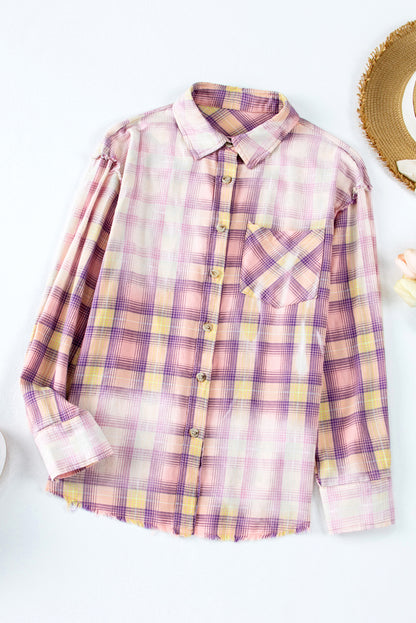 Bleached Plaid Print Exposed Seam Shirt | Purple