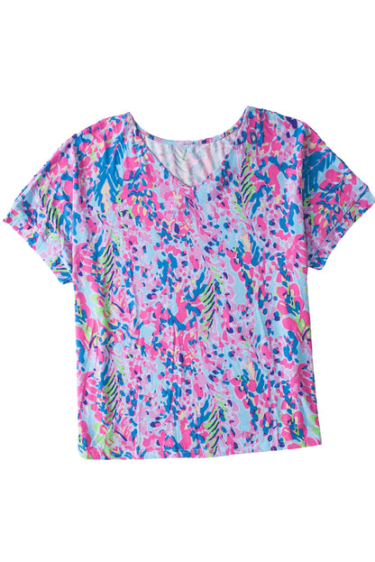 Plus Size Plant Print V Neck T-Shirt | Sky Blue