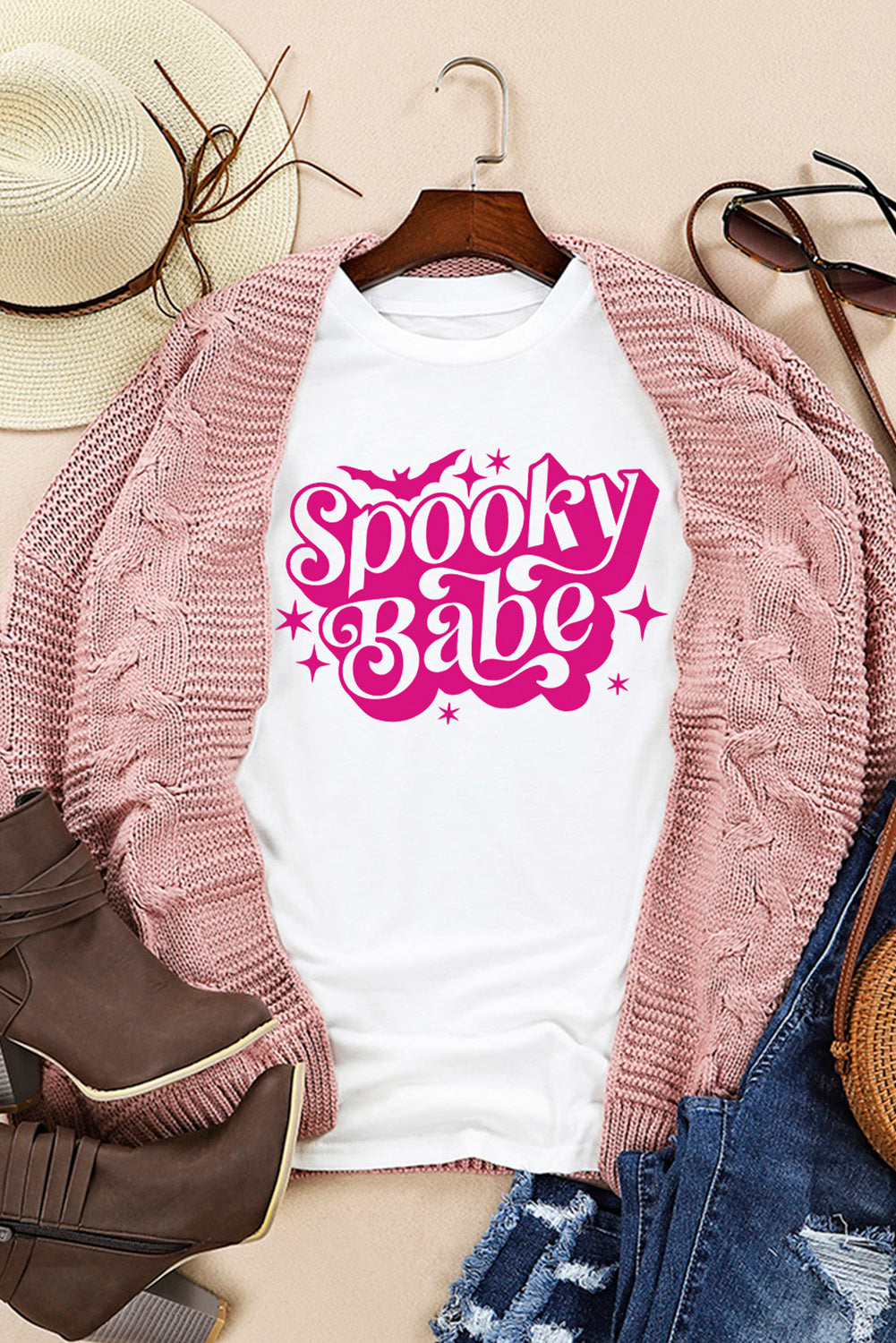 Spooky Babe Bat Print Halloween Crewneck T Shirt | White