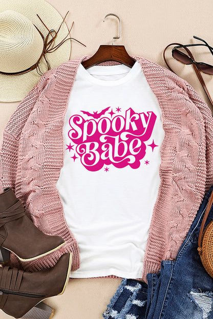 Spooky Babe Bat Print Halloween Crewneck T Shirt | White