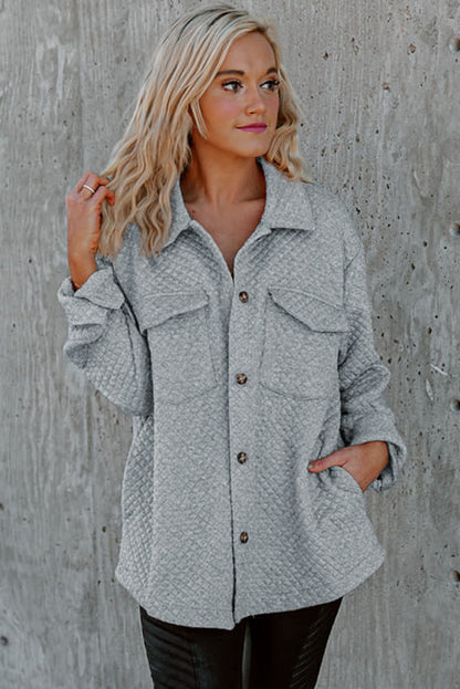 Retro Quilted Flap Pocket Button Shacket | Gray