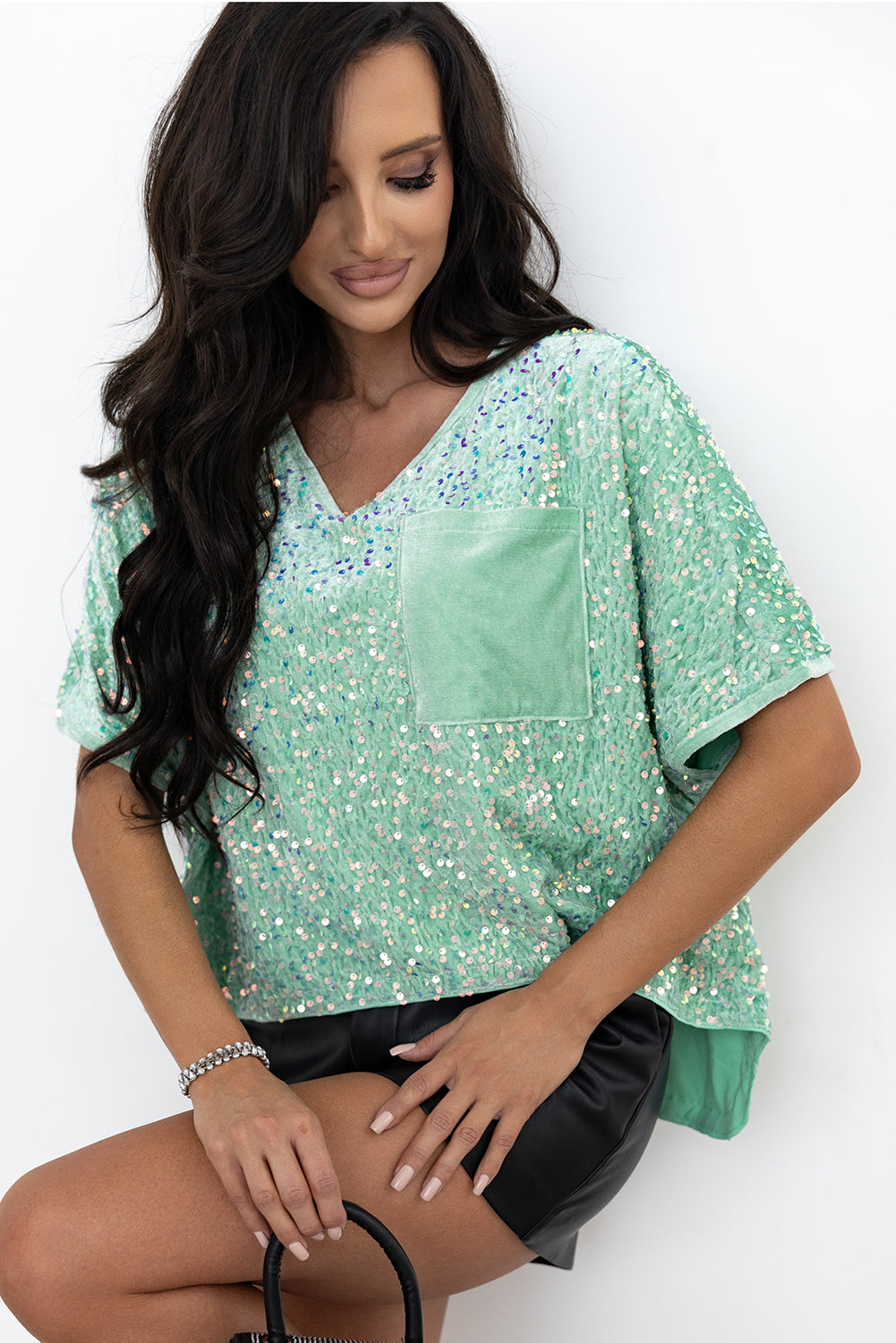 Sequin Batwing Sleeve V Neck Velvet Blouse | Moonlight Jade