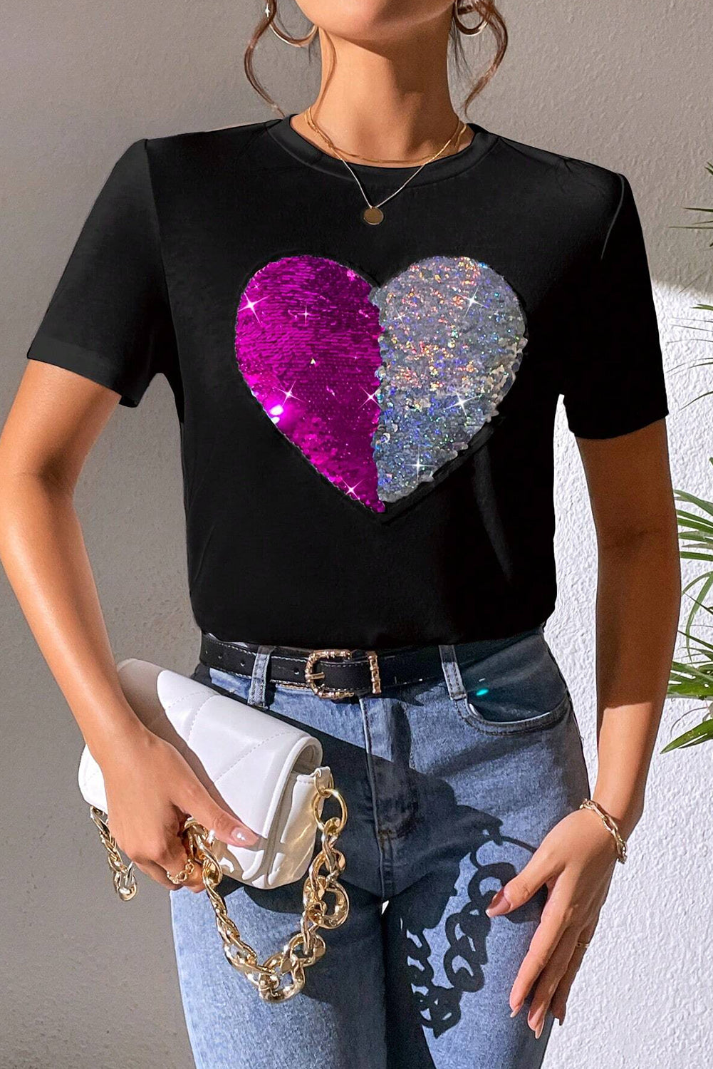 Valentine Two Tone Sequined Heart Shaped Graphic T Shirt | Black