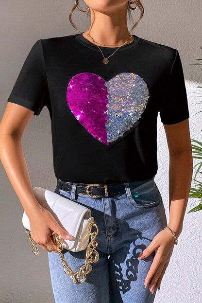 Valentine Two Tone Sequined Heart Shaped Graphic T Shirt | Black